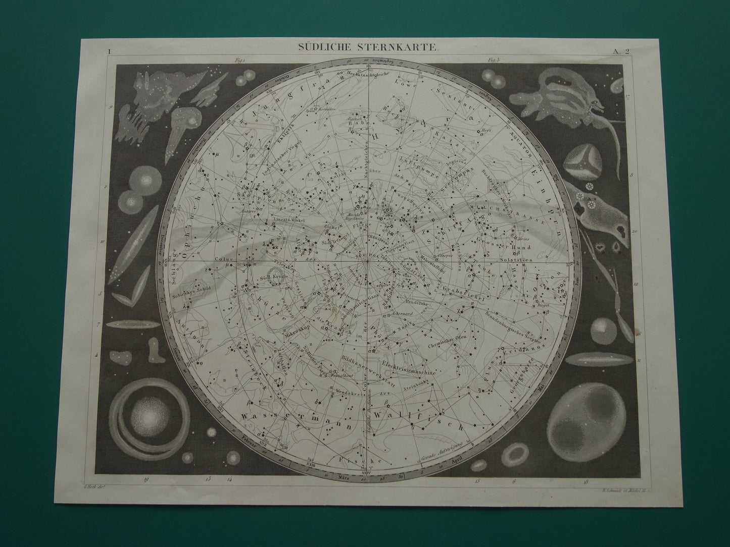 Antieke astronomie prent van de zuidelijke sterrenhemel 1849 originele oude print sterren en sterrenbeelden hemel