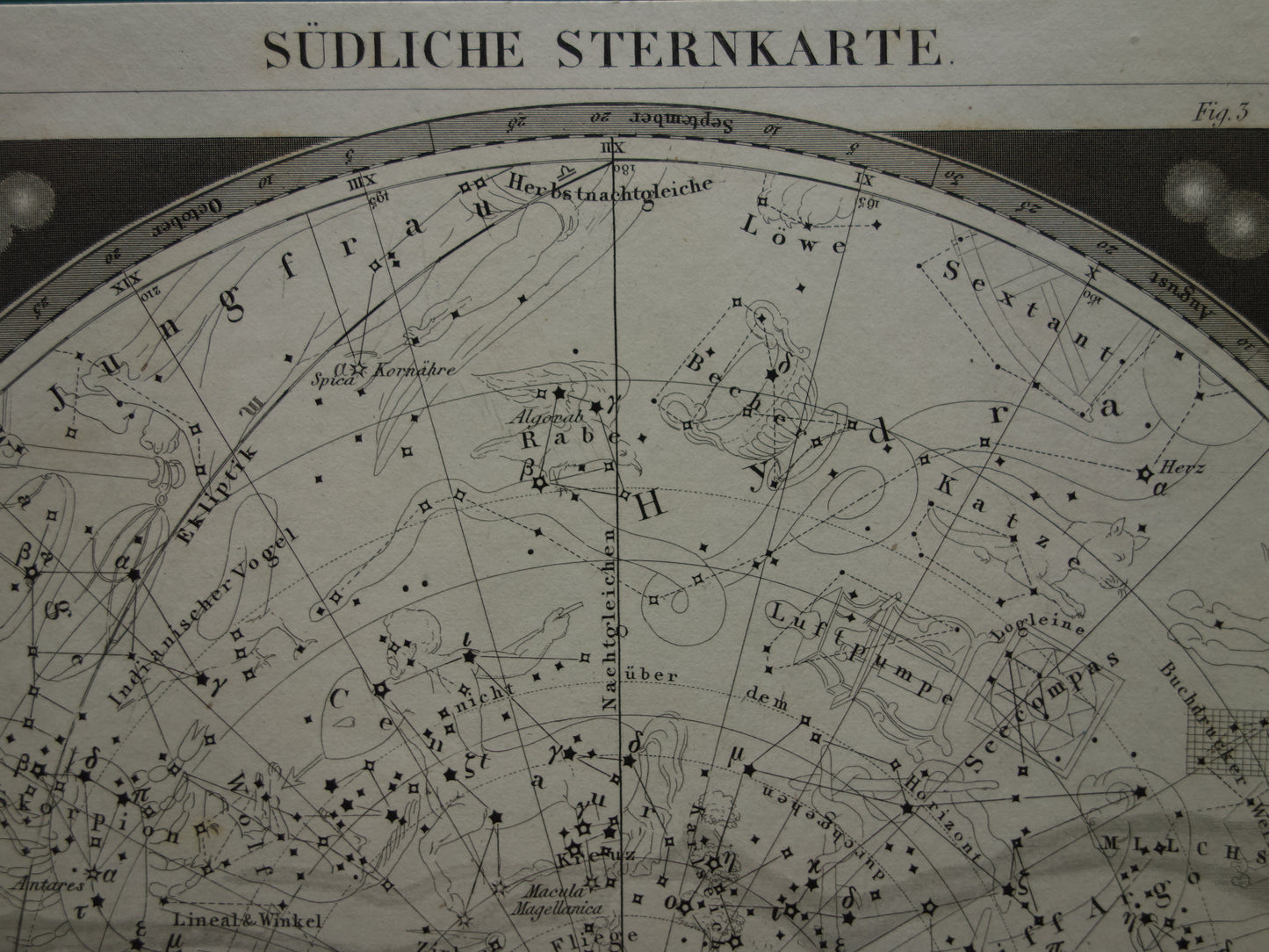 Antiker Astronomiedruck des südlichen Sternenhimmels von 1849, originaler alter Druck mit Sternen und Sternbildern