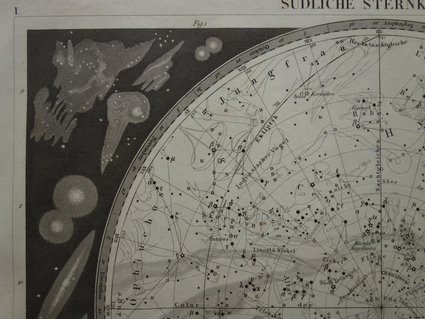 Antiker Astronomiedruck des südlichen Sternenhimmels von 1849, originaler alter Druck mit Sternen und Sternbildern