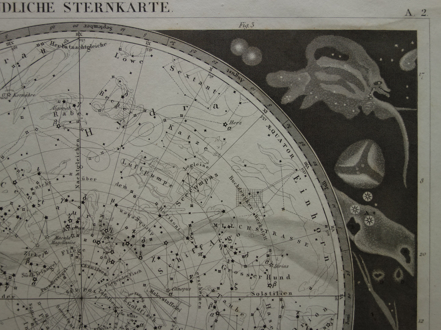 Antiker Astronomiedruck des südlichen Sternenhimmels von 1849, originaler alter Druck mit Sternen und Sternbildern