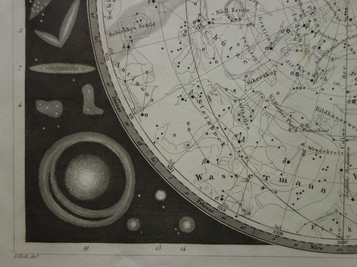 Antiker Astronomiedruck des südlichen Sternenhimmels von 1849, originaler alter Druck mit Sternen und Sternbildern