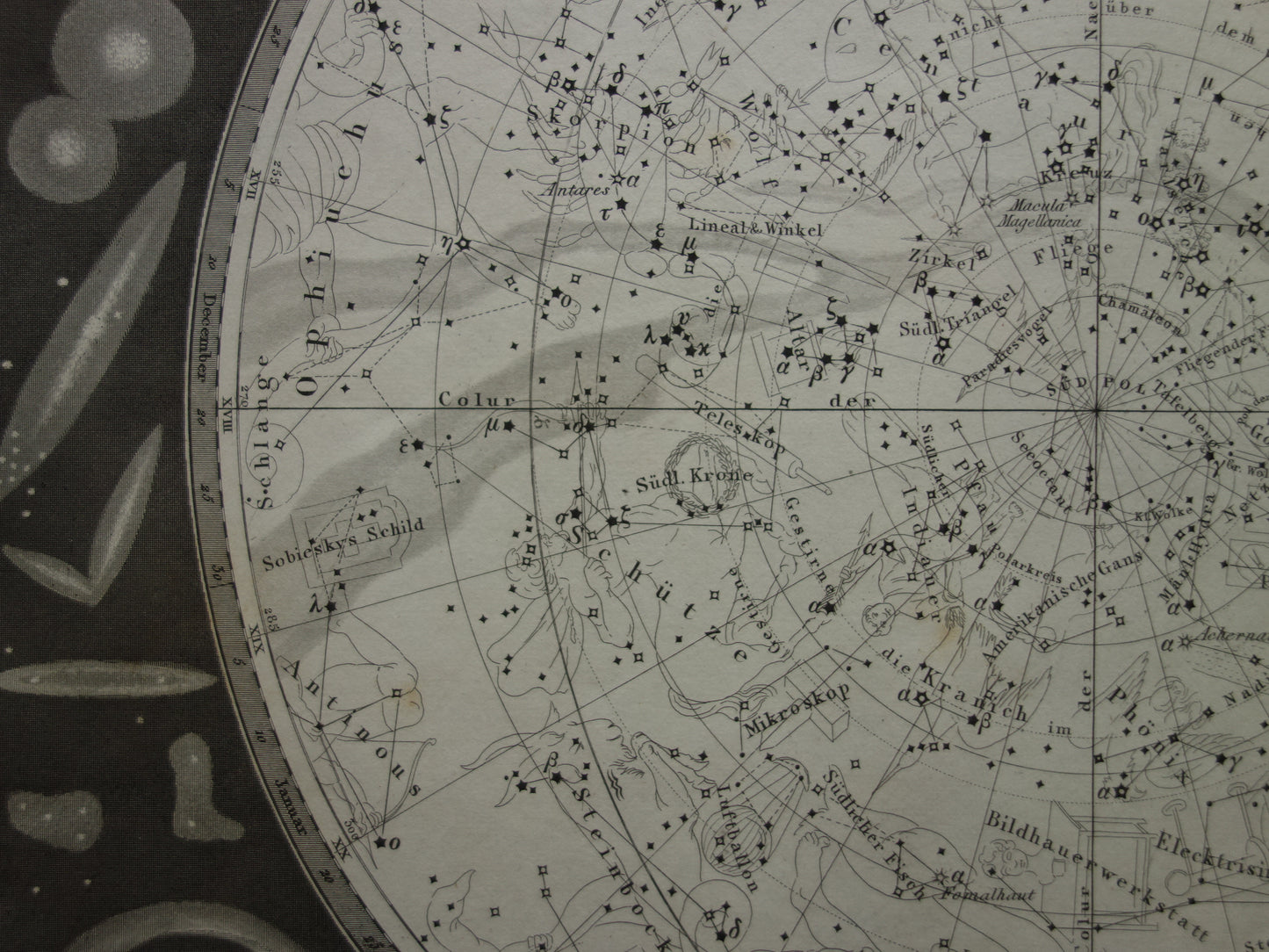 Antiker Astronomiedruck des südlichen Sternenhimmels von 1849, originaler alter Druck mit Sternen und Sternbildern