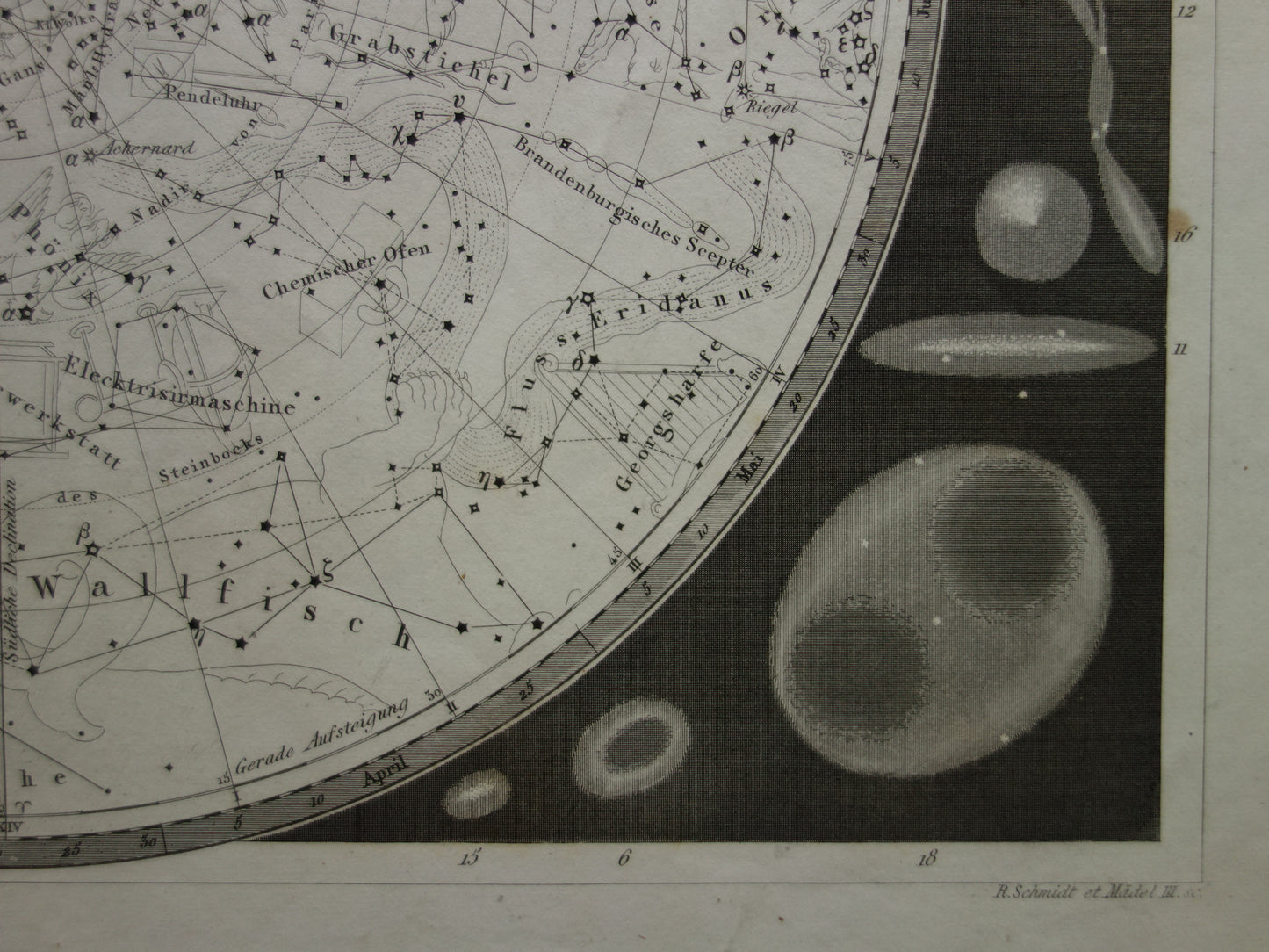 Antiker Astronomiedruck des südlichen Sternenhimmels von 1849, originaler alter Druck mit Sternen und Sternbildern