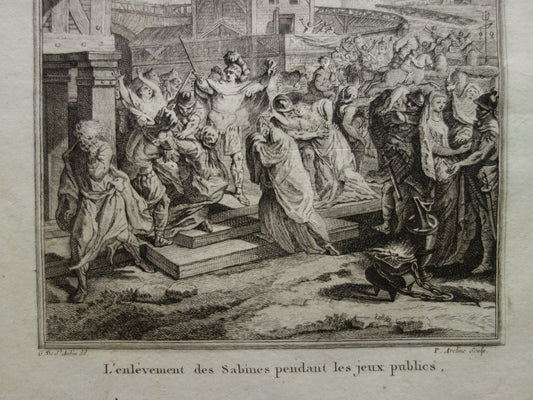 Sabijnse Maagdenroof oude prent uit 1798 Originele antieke illustratie Geschiedenis van Rome vintage print Romeinse Mythologie