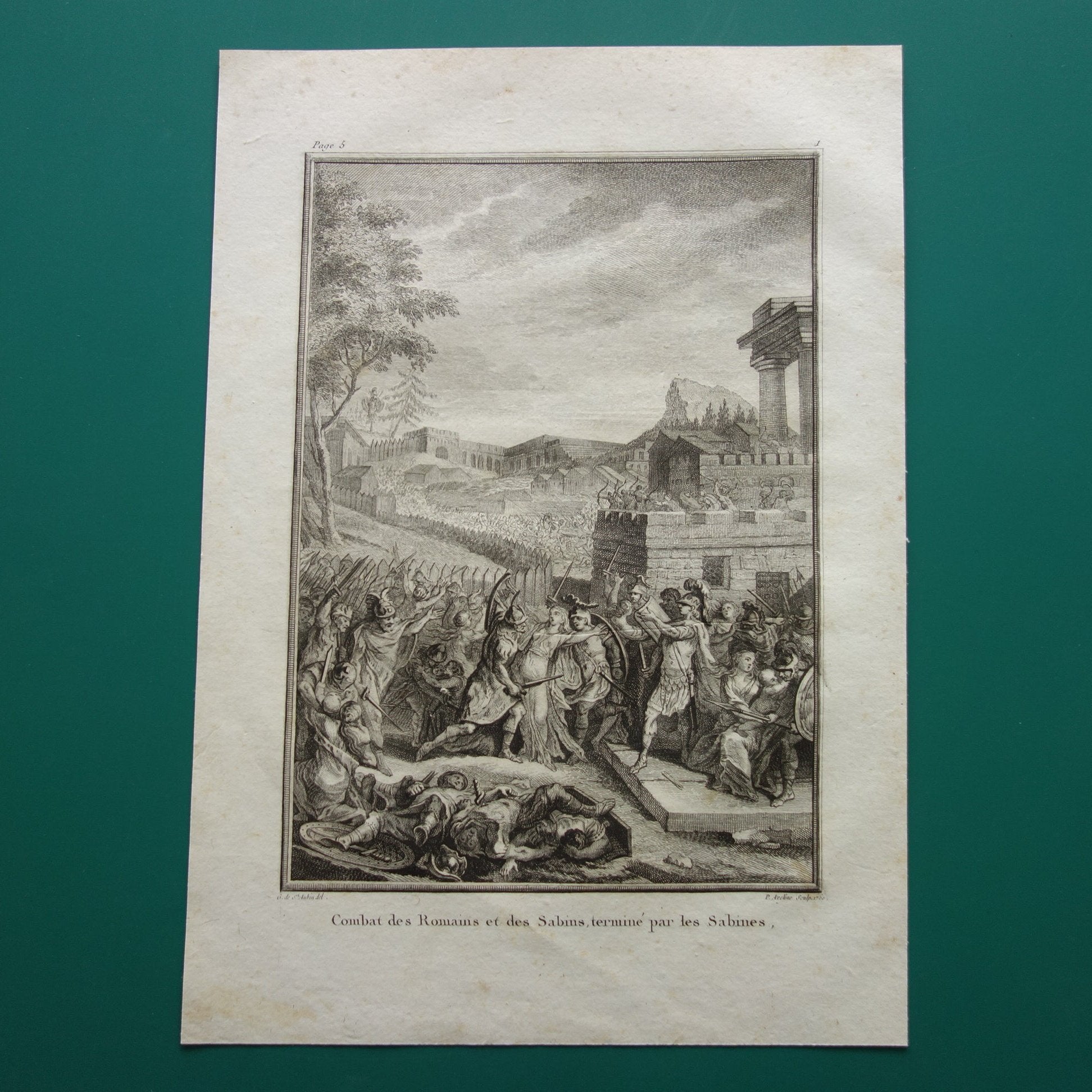 Geschiedenis van Rome oude prent uit 1798 Originele antieke illustratie Strijd met Sabijnen slag bij Lacus Curtius vintage print Romeinse Mythologie