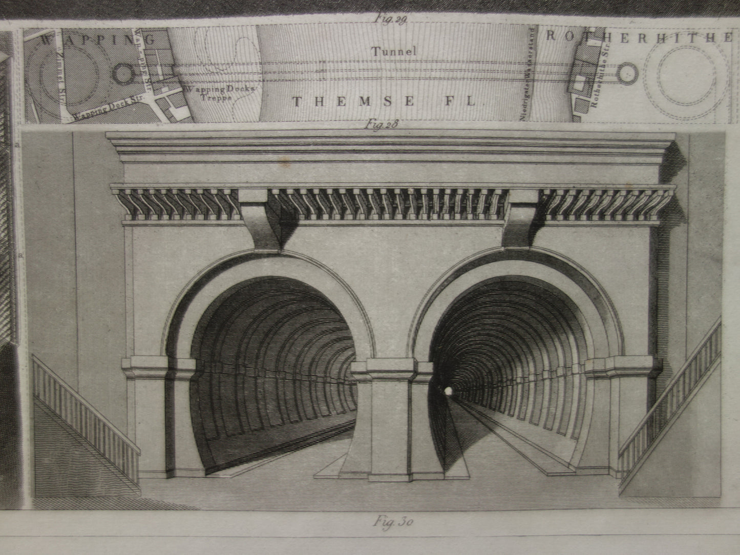 Thames Tunnel onder de Theems Londen Oude architectuur prent 1849 antieke print Brunel bouwkunde tunnelbouw vintage prints