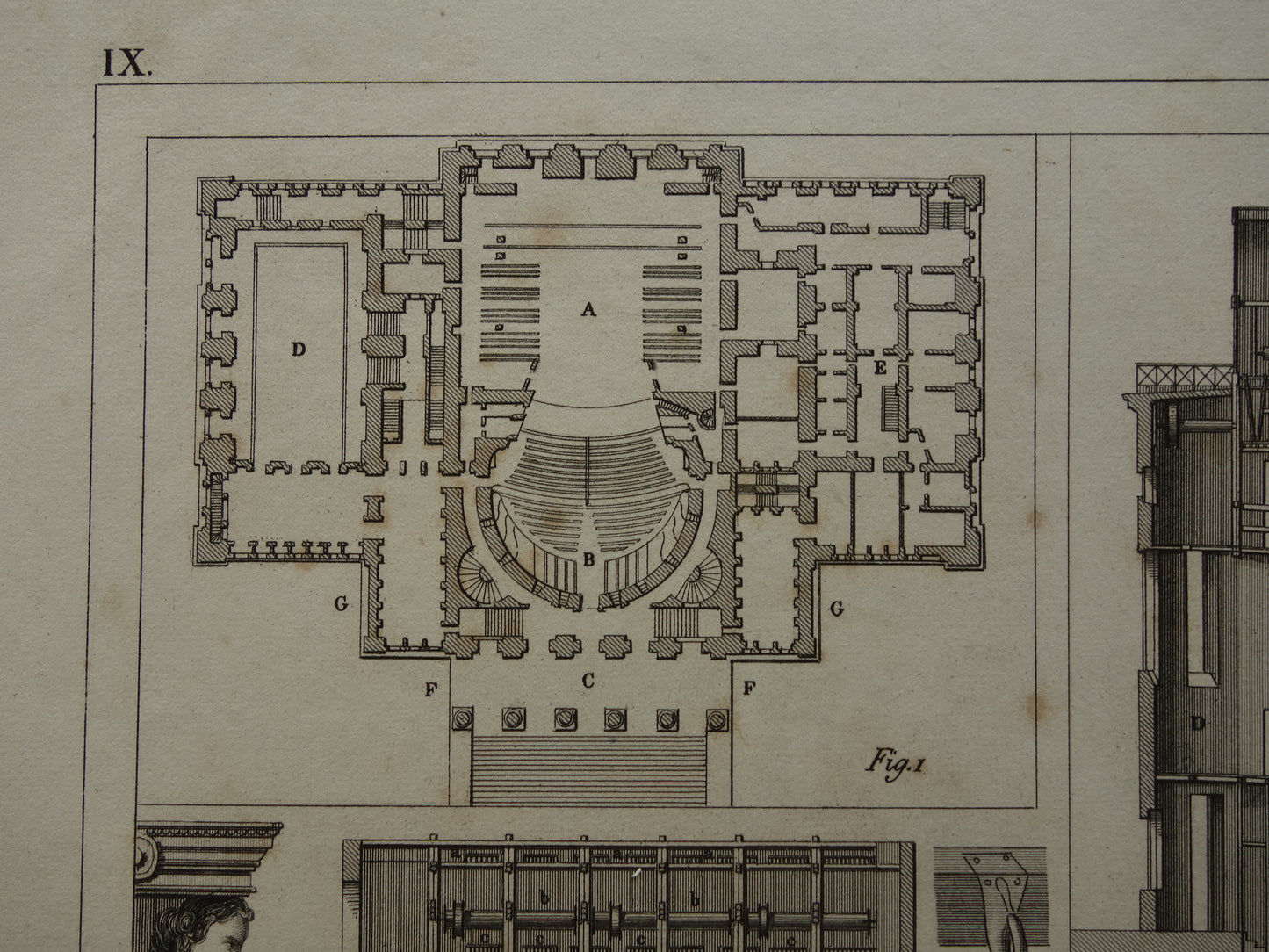 THEATER oude print over Theater technologie originele antieke illustratie Parijs Montpensier vintage prints