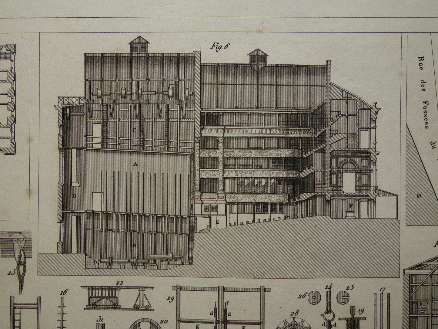 THEATER oude print over Theater technologie originele antieke illustratie Parijs Montpensier vintage prints