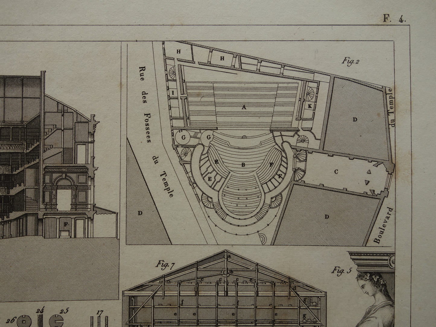 THEATER oude print over Theater technologie originele antieke illustratie Parijs Montpensier vintage prints