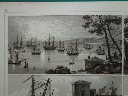 175+ jaar oude scheepsprent antieke maritieme illustratie baggerschip mastkraan schip schepen vintage prints