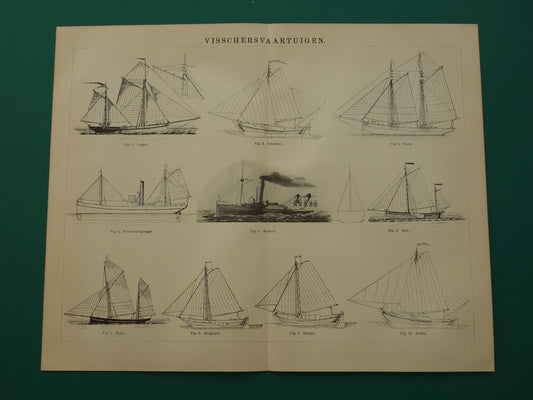 VISSERSSCHEPEN Oude prent van schepen voor visserij originele vintage illustratie schip Logger Botter Kotter Schokker