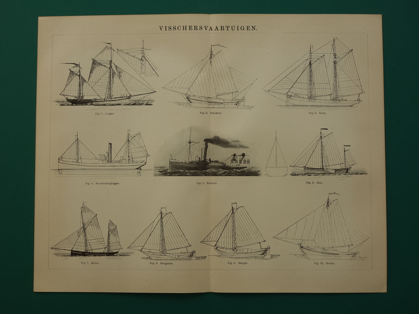 VISSERSSCHEPEN Oude prent van schepen voor visserij originele vintage illustratie schip Logger Botter Kotter Schokker