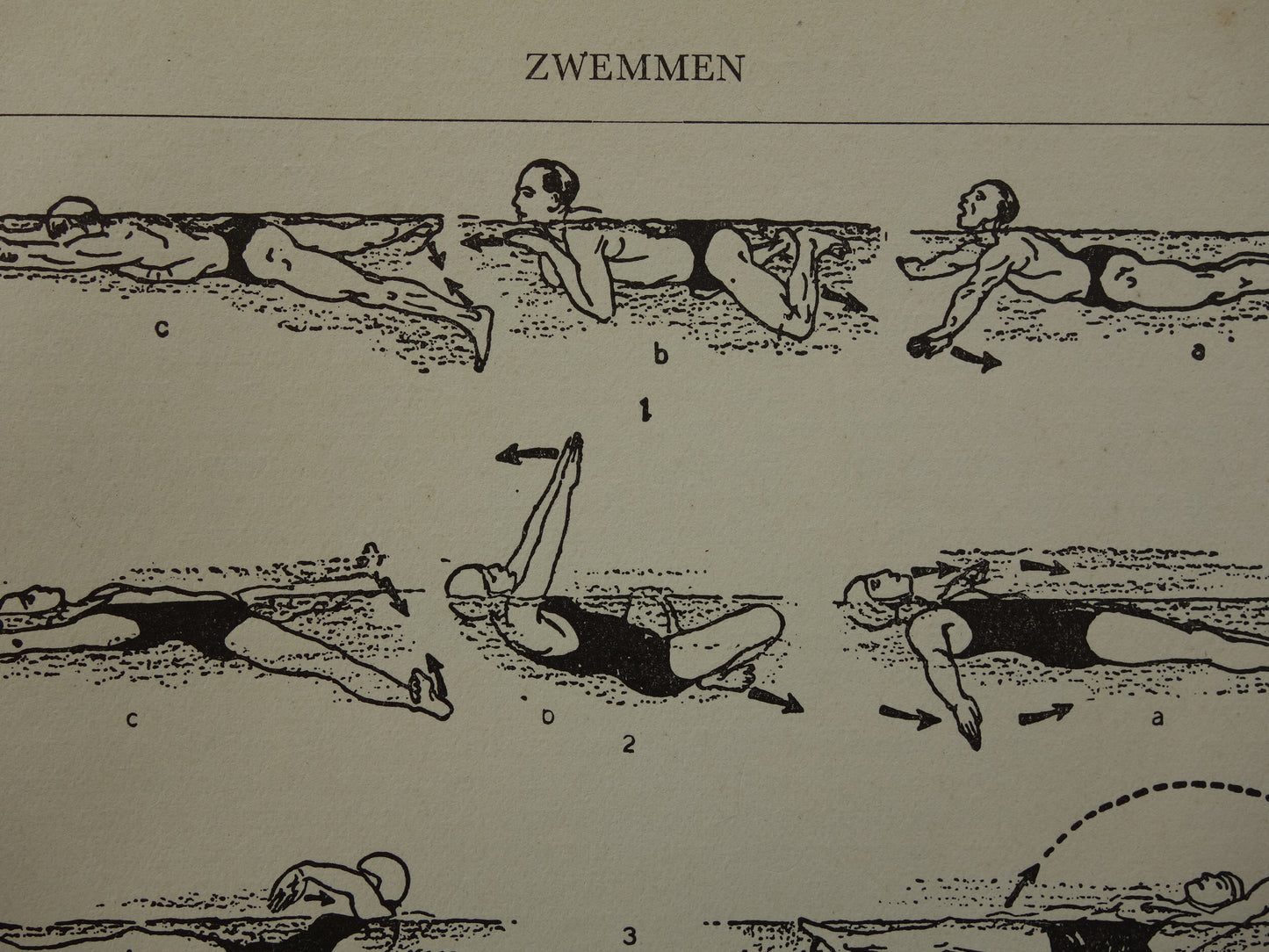 ZWEMMEN Oude sport prent over zwemslag - Originele vintage Nederlandse illustratie uit 1938 zwemslagen schoolslag