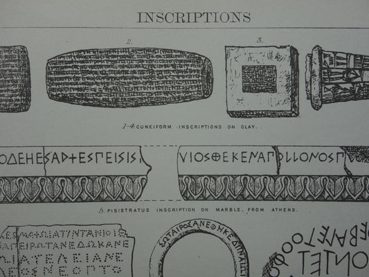 Oude archeologie prent over Griekse Latijnse en Spijkerschrift inscripties uit de oudheid 1886 originele antieke geschiedenis illustratie Griekenland Italië taal