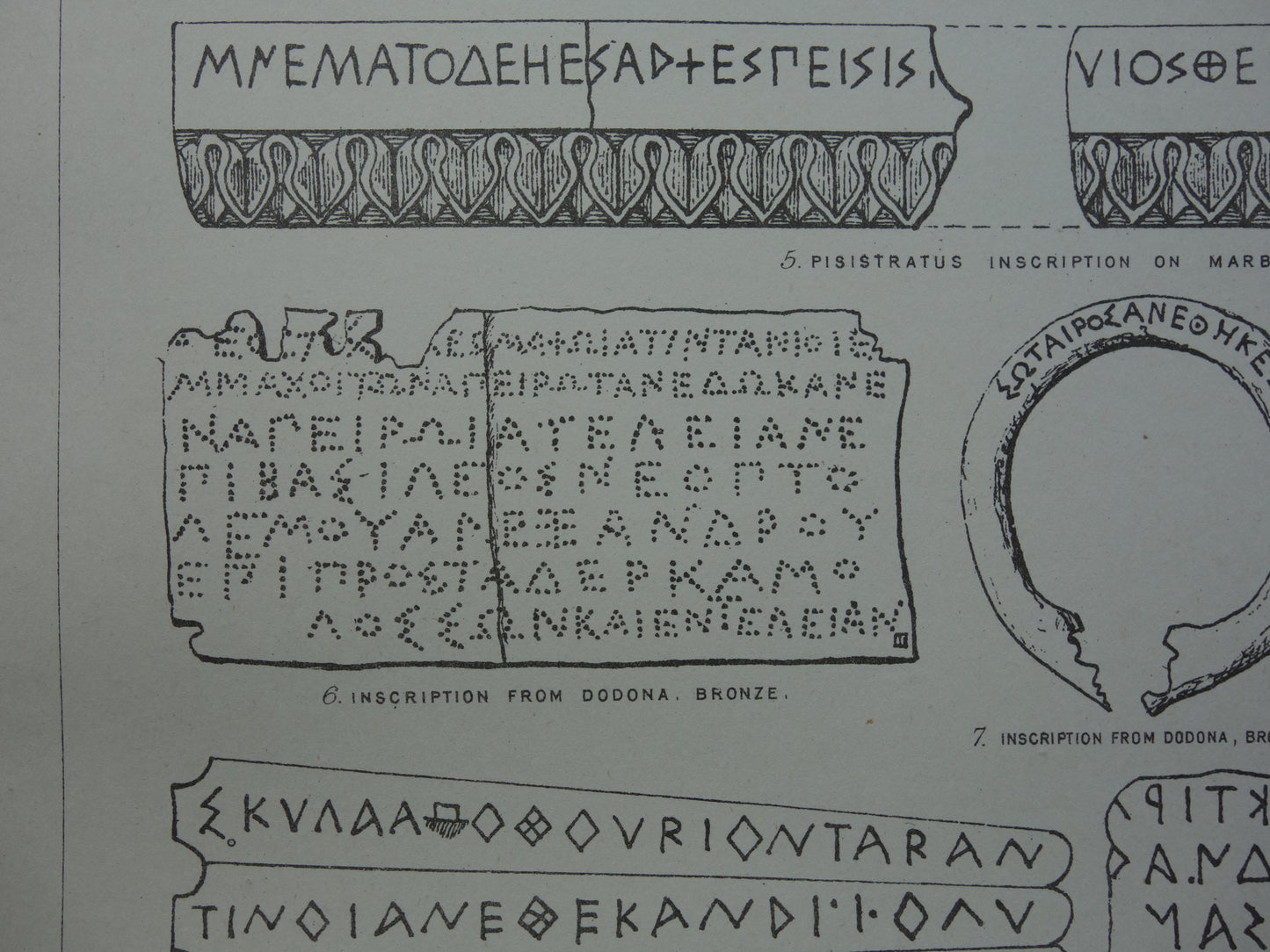 Oude archeologie prent over Griekse Latijnse en Spijkerschrift inscripties uit de oudheid 1886 originele antieke geschiedenis illustratie Griekenland Italië taal