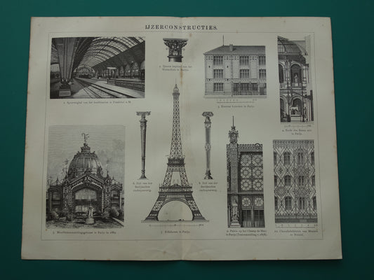 Antieke Architectuur Prent met Eiffeltoren 1912 originele oude Nederlandse print Ijzerconstructies Vintage illustratie