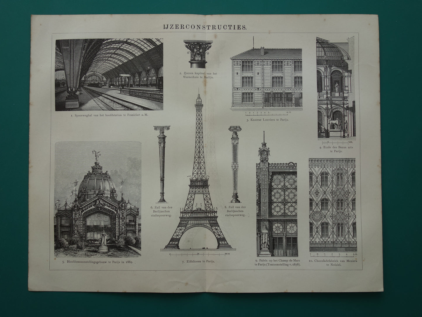 Antieke Architectuur Prent met Eiffeltoren 1912 originele oude Nederlandse print Ijzerconstructies Vintage illustratie