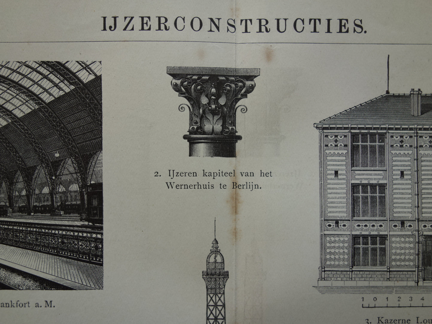 Antieke Architectuur Prent met Eiffeltoren 1912 originele oude Nederlandse print Ijzerconstructies Vintage illustratie