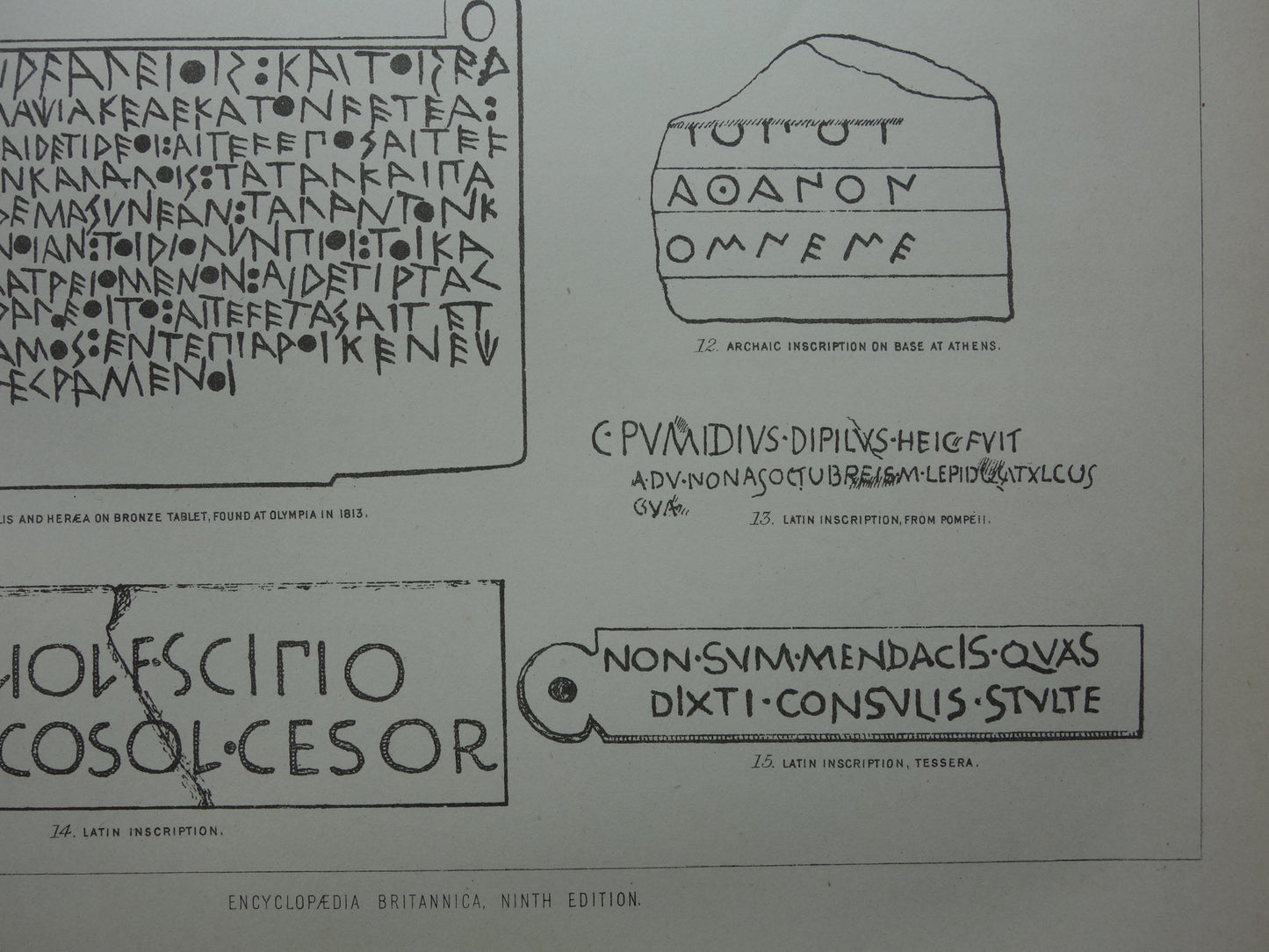 Oude archeologie prent over Griekse Latijnse en Spijkerschrift inscripties uit de oudheid 1886 originele antieke geschiedenis illustratie Griekenland Italië taal