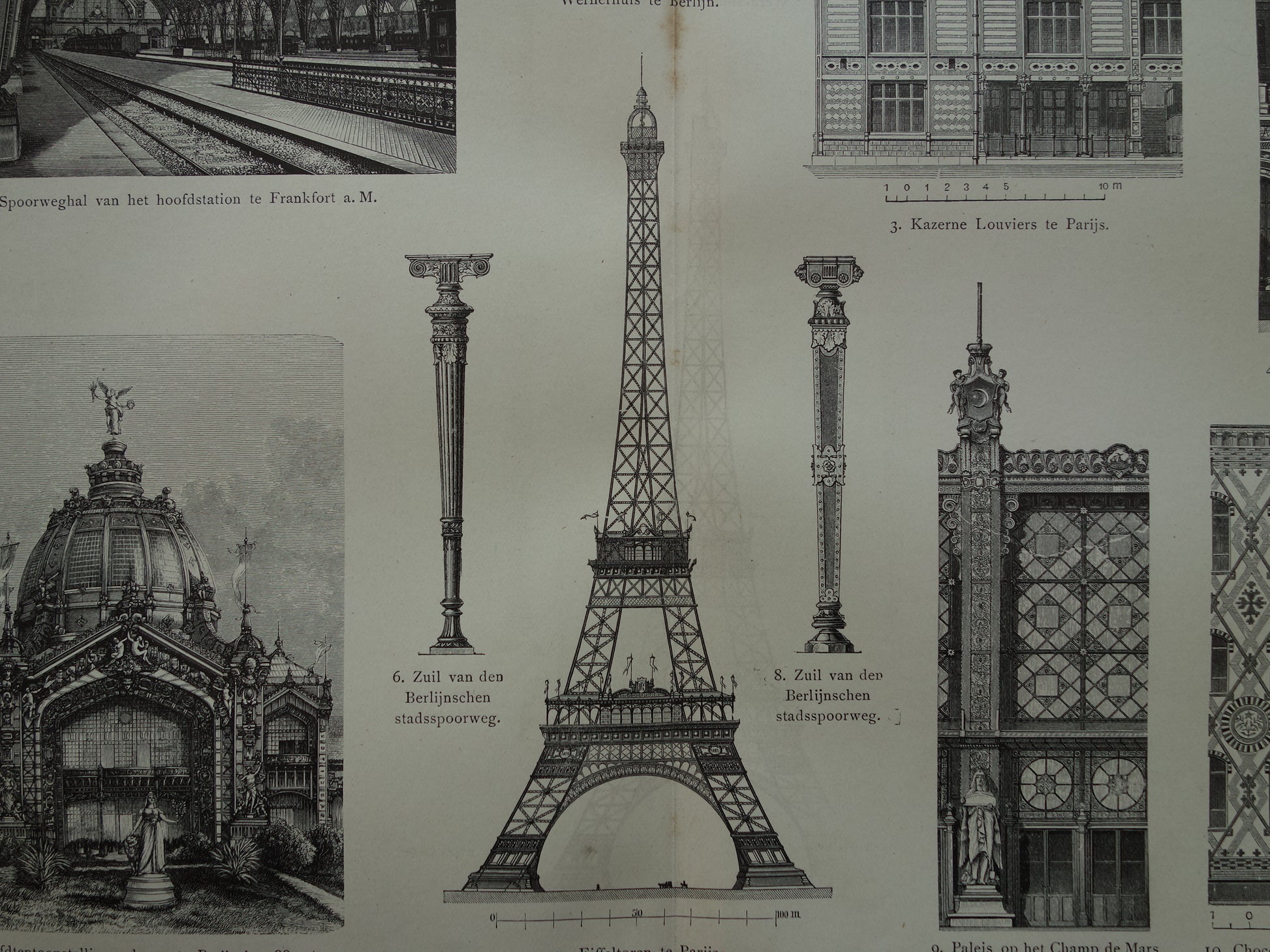 Antieke Architectuur Prent met Eiffeltoren 1912 originele oude Nederlandse print Ijzerconstructies Vintage illustratie