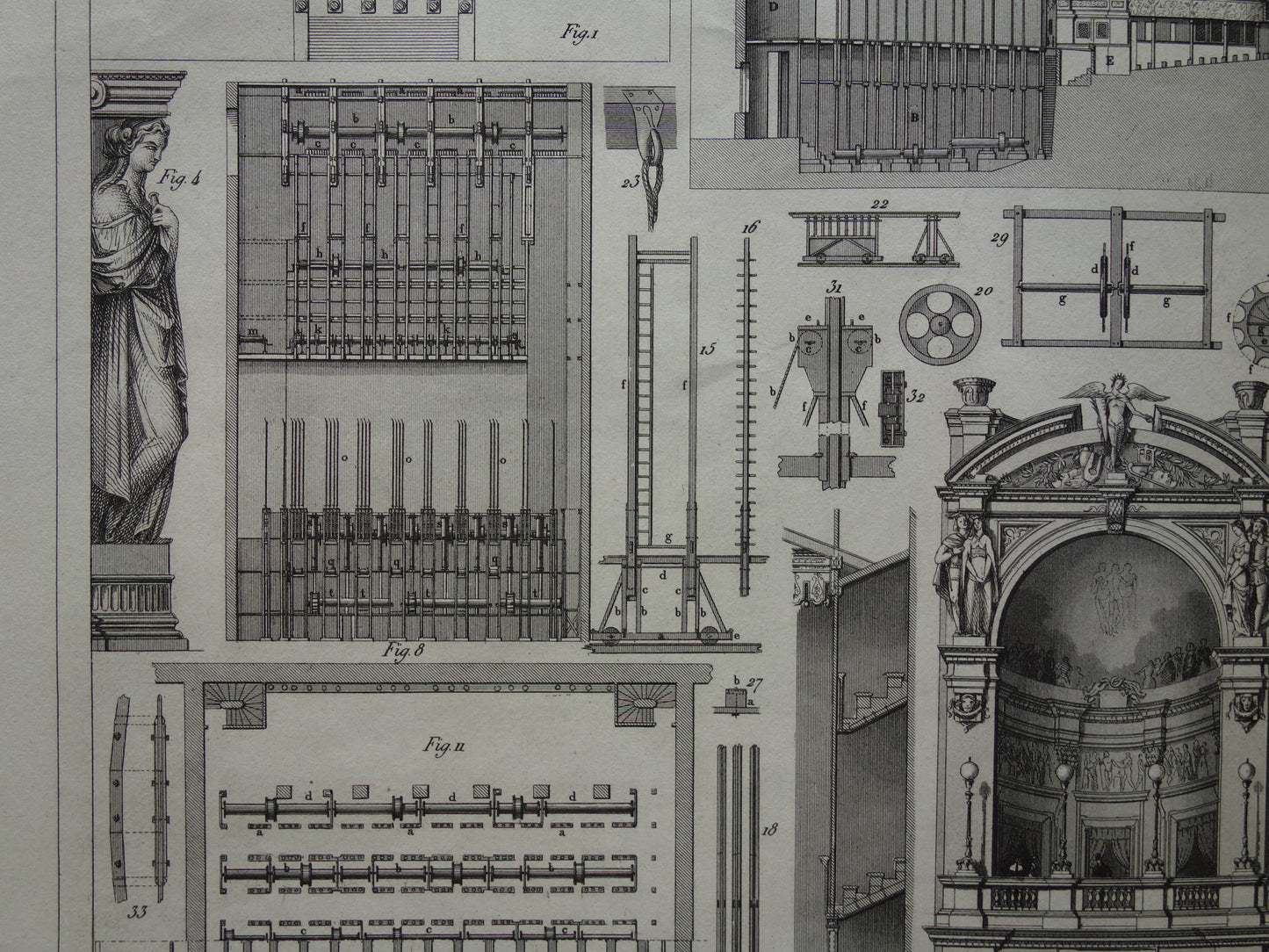 THEATER oude print over Theater technologie originele antieke illustratie Parijs Montpensier vintage prints