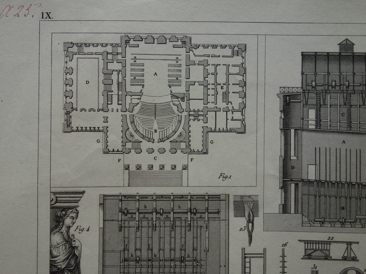 THEATER oude print over Theater technologie originele antieke illustratie Parijs Montpensier vintage prints