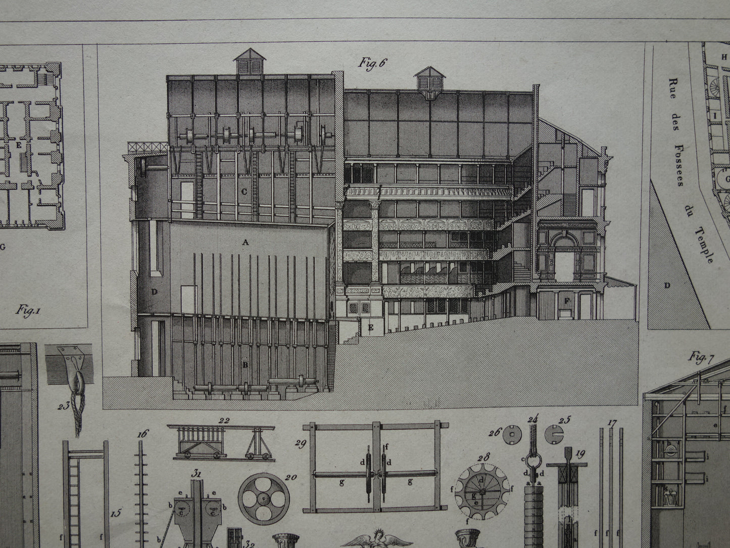 THEATER oude print over Theater technologie originele antieke illustratie Parijs Montpensier vintage prints