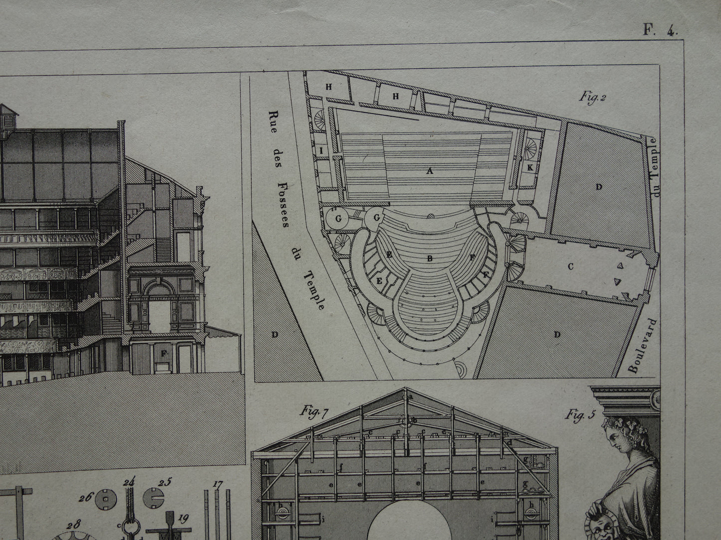 THEATER oude print over Theater technologie originele antieke illustratie Parijs Montpensier vintage prints