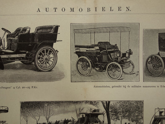 OLDTIMER Vintage print van oude klassieke auto's 1905 originele antieke prent van oldtimers prints illustratie