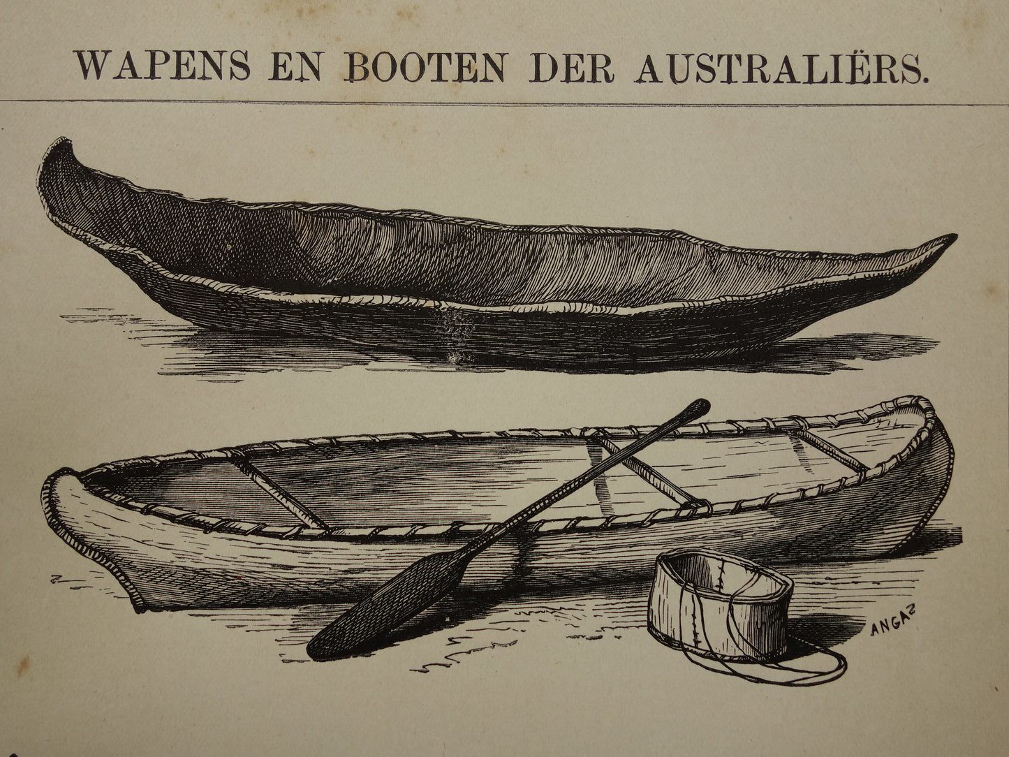 Oude prent van Boemerang Boot Aboriginals Antieke illustratie Wapens Boten Aboriginal