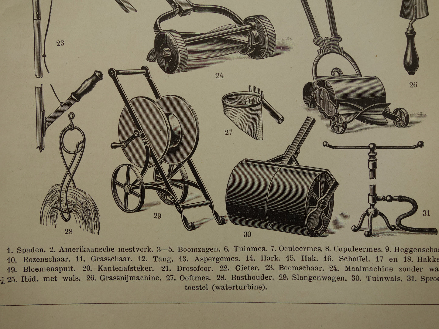 TUINGEREEDSCHAP Antieke Prent 1911 originele oude Nederlandse print Tuinieren Vintage illustratie