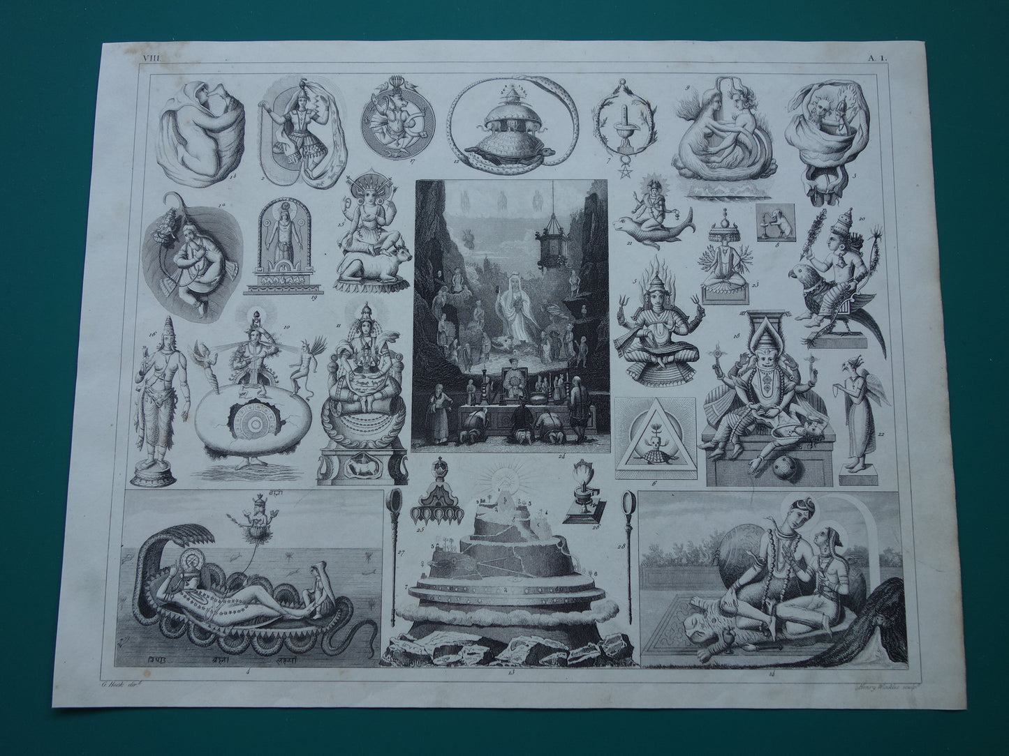 Boeddhisme antieke print Originele 160+ jaar oude prent illustratie Boeddhistische priesters antieke print Goden Priester Brahma Vishnu Shiva vintage religie prenten