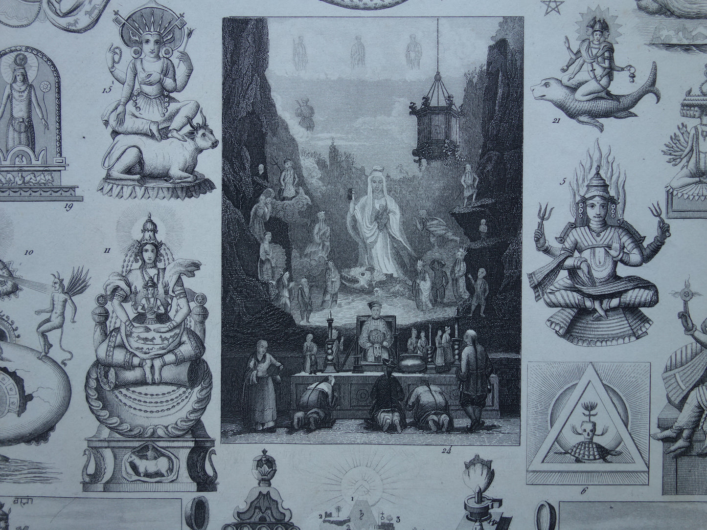 Boeddhisme antieke print Originele 160+ jaar oude prent illustratie Boeddhistische priesters antieke print Goden Priester Brahma Vishnu Shiva vintage religie prenten