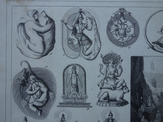 Boeddhisme antieke print Originele 160+ jaar oude prent illustratie Boeddhistische priesters antieke print Goden Priester Brahma Vishnu Shiva vintage religie prenten