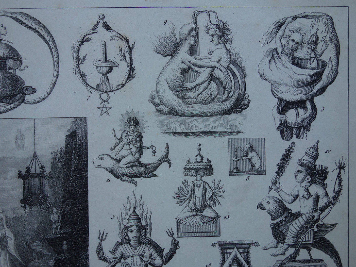 Boeddhisme antieke print Originele 160+ jaar oude prent illustratie Boeddhistische priesters antieke print Goden Priester Brahma Vishnu Shiva vintage religie prenten