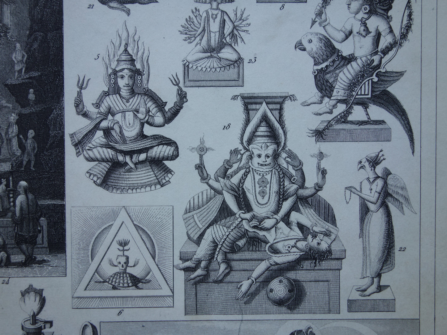 Boeddhisme antieke print Originele 160+ jaar oude prent illustratie Boeddhistische priesters antieke print Goden Priester Brahma Vishnu Shiva vintage religie prenten