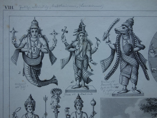 Hindoeïsme antieke print Originele 170+ jaar oude prent illustratie Vishnu Hindoe Goden Goden Monniken Rituelen vintage religie prints