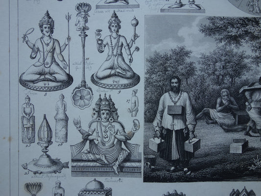 Hindoeïsme antieke print Originele 160+ jaar oude prent illustratie Vishnu Hindoe Goden Goden Monniken Rituelen vintage religie prints