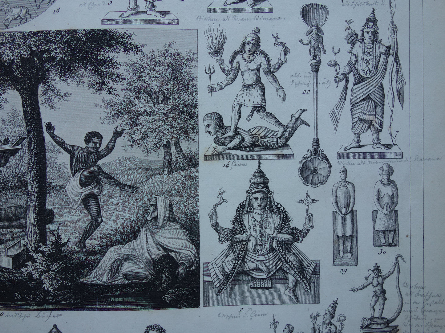 Hindoeïsme antieke print Originele 160+ jaar oude prent illustratie Vishnu Hindoe Goden Goden Monniken Rituelen vintage religie prints