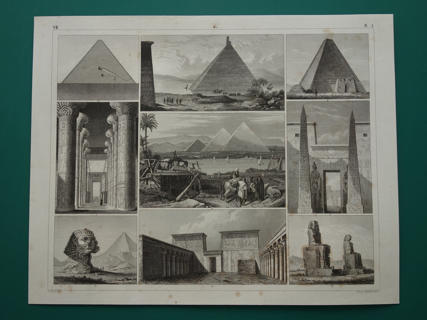 PIRAMIDE oude prent 1849 antieke illustratie Egyptische architectuur uit de oudheid vintage prints piramide van Gizeh