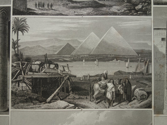 PIRAMIDE oude prent 1849 antieke illustratie Egyptische architectuur uit de oudheid vintage prints piramide van Gizeh