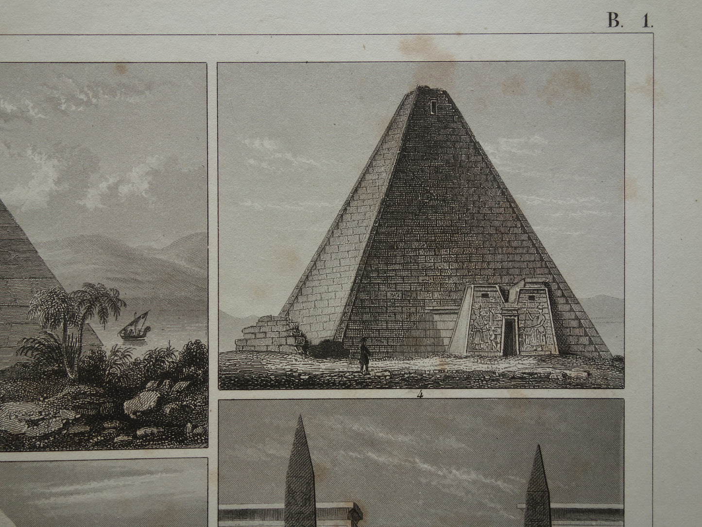 PIRAMIDE oude prent 1849 antieke illustratie Egyptische architectuur uit de oudheid vintage prints piramide van Gizeh