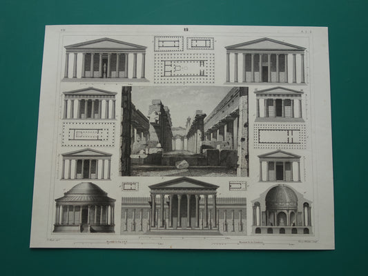 Oude prent Griekse tempels Originele antieke architectuur illustratie tempels Griekanland klassieke oudheid Vintage prenten