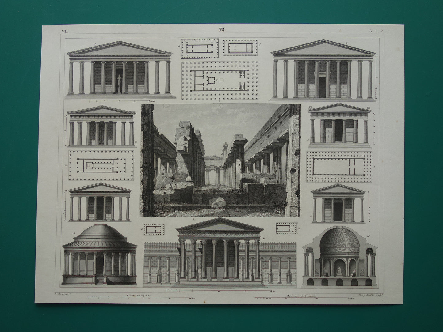 Oude prent Griekse tempels Originele antieke architectuur illustratie tempels Griekanland klassieke oudheid Vintage prenten