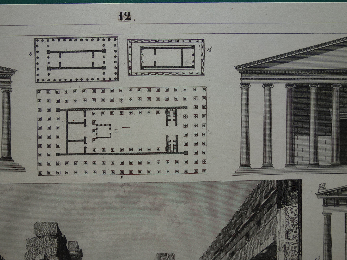 Oude prent Griekse tempels Originele antieke architectuur illustratie tempels Griekanland klassieke oudheid Vintage prenten