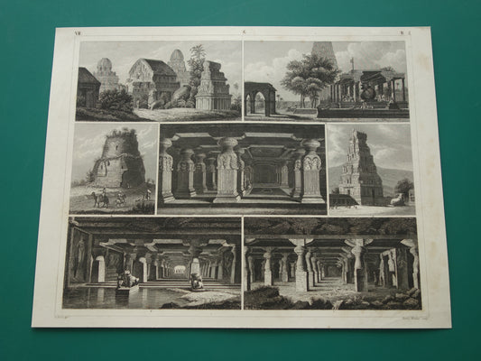 Antieke tempels in India oude prent 1849 illustratie architectuur uit India vintage prints Grotten van Ellora