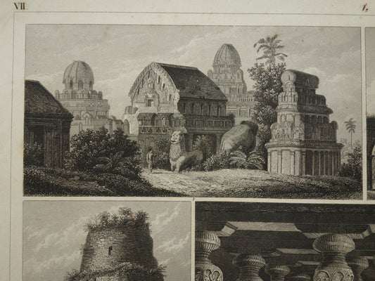 Antieke tempels in India oude prent 1849 illustratie architectuur uit India vintage prints Grotten van Ellora