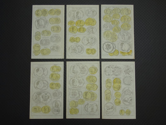 MUNTEN Set van 6 antieke prenten over Oude Munten 19e eeuw 1834 Print Illustratie numismatiek
