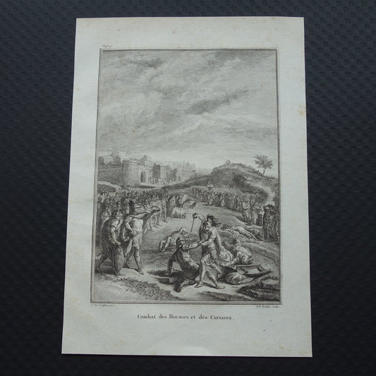 Gevecht tussen de Horatii en de Curiatii Geschiedenis van Rome Antieke prent Originele 200+ jaar oude illustratie Romeinse mythologie