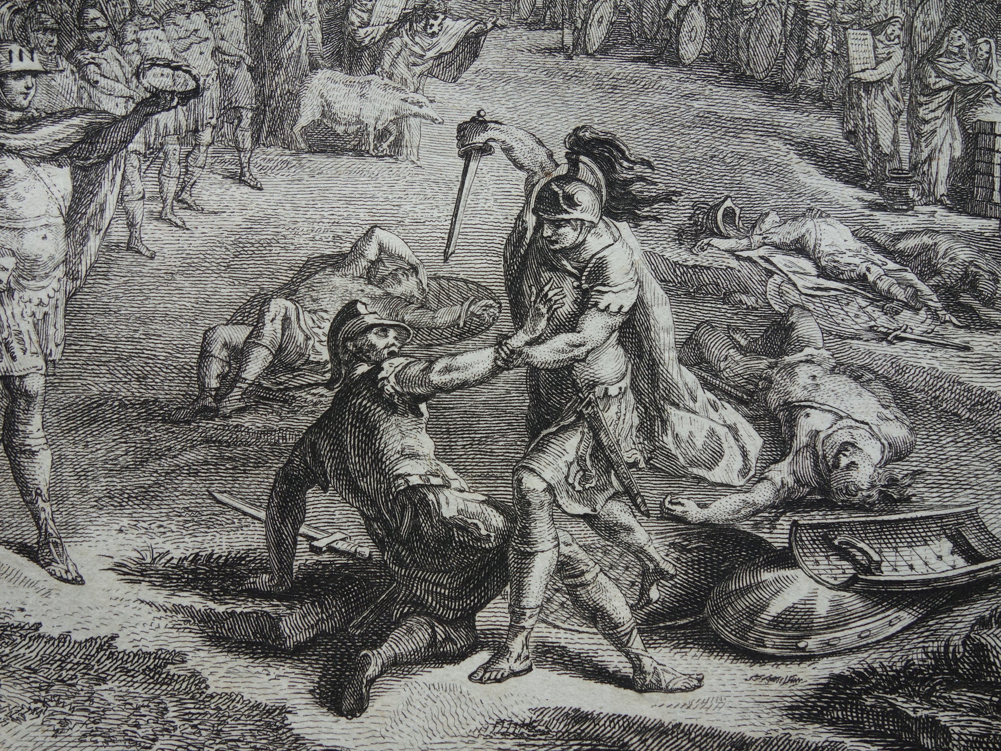 Gevecht tussen de Horatii en de Curiatii Geschiedenis van Rome Antieke prent Originele 200+ jaar oude illustratie Romeinse mythologie